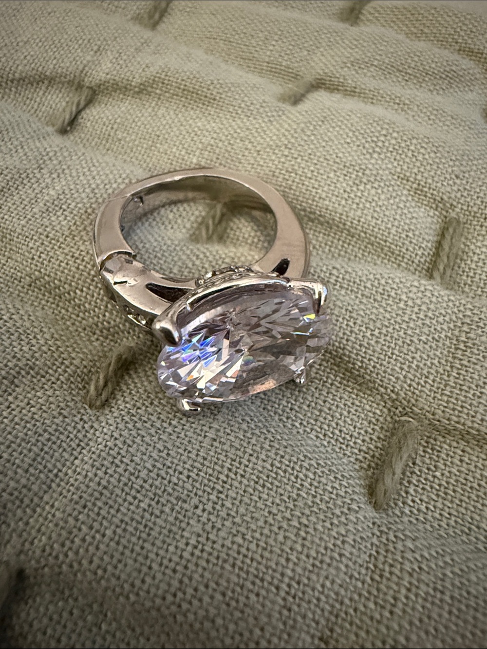Silver-Tone Women’s Ring Charm with Large Clear Oval Stone